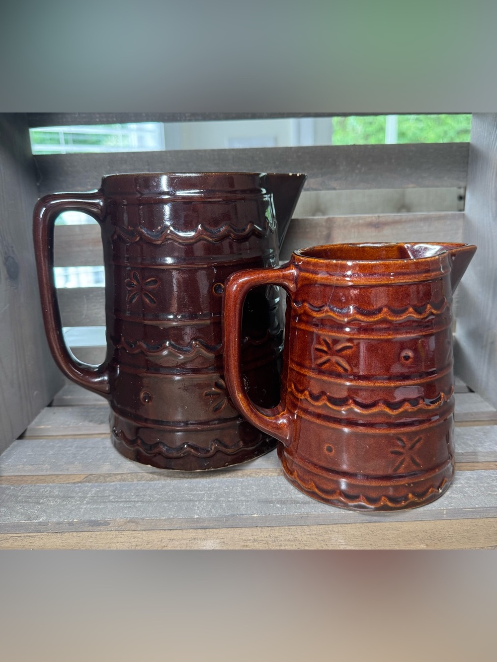 Vintage Marcrest Oven-Proof Brown Ceramic Pitchers - Set of 2
